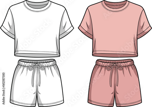 Short sleeve crop top and shorts cad, casual lounge set flat sketch, drawstring co-ord fashion vector, women’s comfy two-piece front view