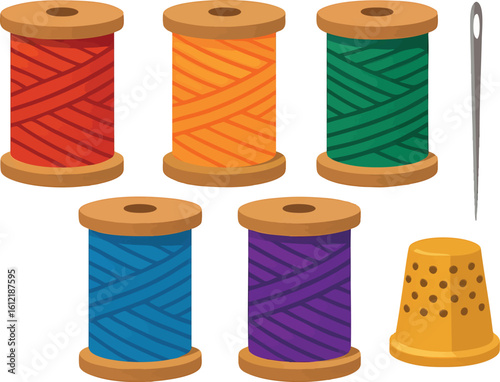 Flat vector set of colorful sewing threads on spools with needle and thimble, isolated on white