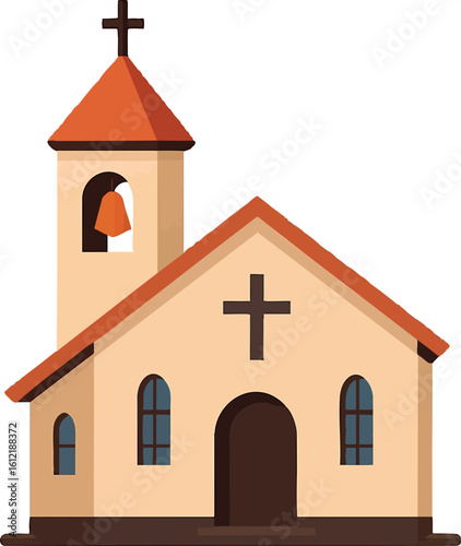 Flat vector small town church with bell tower and front cross, isolated on white