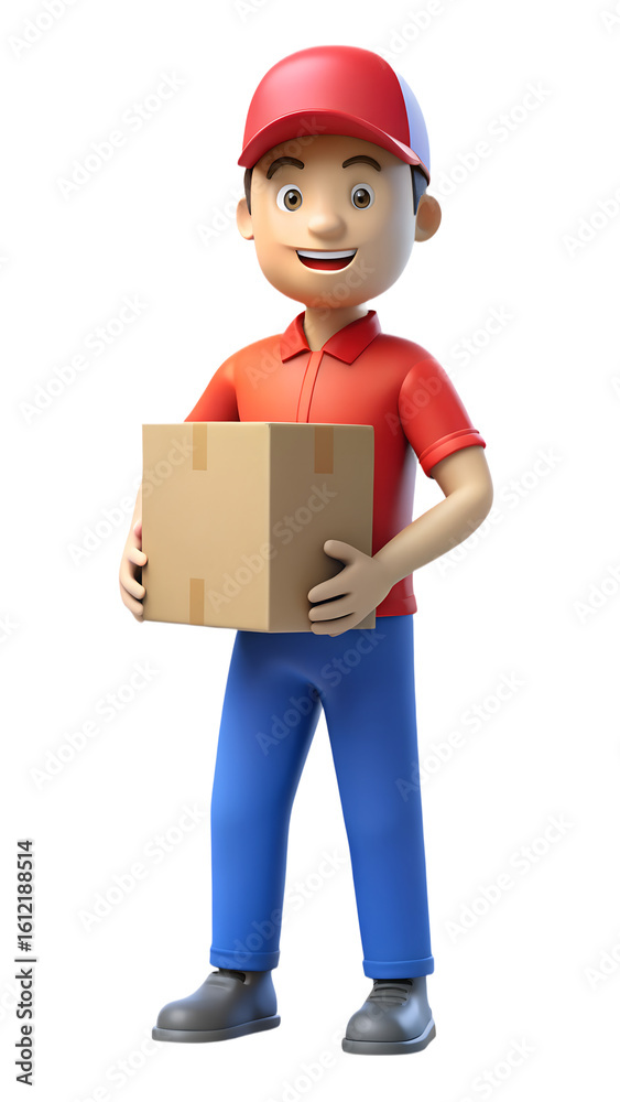 Delivery man cartoon character holding package box for shipping and fast delivery service concept Delivery man cartoon character holding package box for shipping and fast delivery service concept
