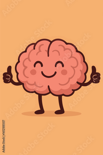 Flat vector smiling brain with thumbs up, symbolizing healthy mental state and optimism
