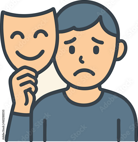 Flat vector smiling face mask being removed by sad character, representing hidden emotions