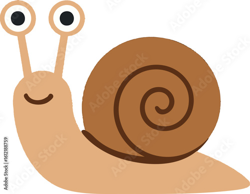 Flat vector snail with spiral shell and cartoon eyes on stalks, vector-friendly, isolated on white