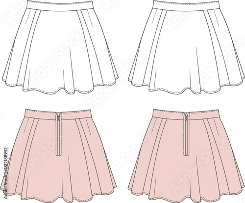 Flared mini skirt vector – women’s short skirt with waistband and side zip, fashion flat sketch front and back