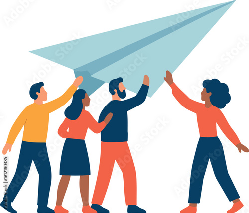 Flat vector team launching a paper airplane together, project kickoff symbol, isolated on white