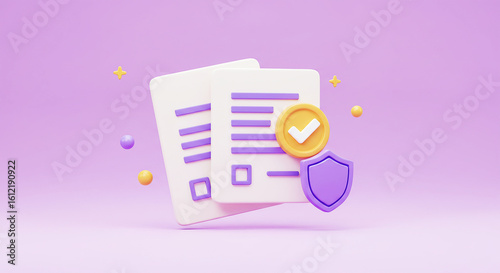 3D White Document Sheets with Yellow Check Mark and Purple Security Shield Icon, Verified File Protection, Confirmed Data Safety, Authorized Contract Agreement, Purple Background Illustration