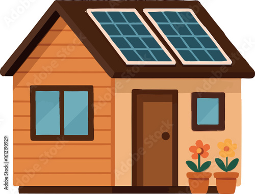 Flat vector tiny home cabin with solar panels and flower pots, isolated on white