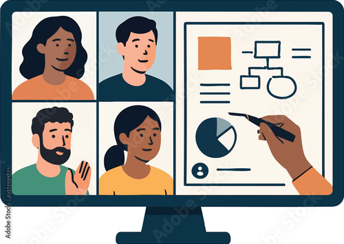 Flat vector video call scene with shared whiteboard and diverse faces, collaborative discussion, isolated on white