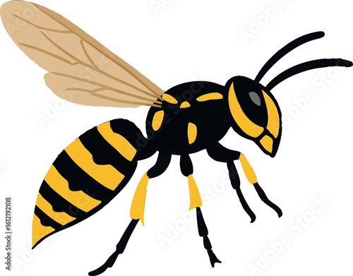 Flat vector wasp in flying posture with bold yellow-black contrast, vector-friendly, isolated on white
