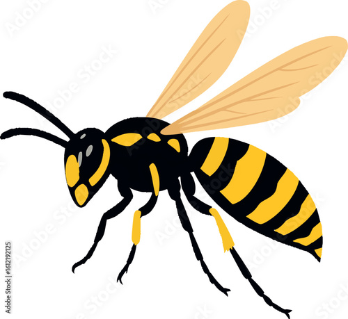 Flat vector wasp in flying posture with bold yellow-black contrast, vector-friendly, isolated on white
