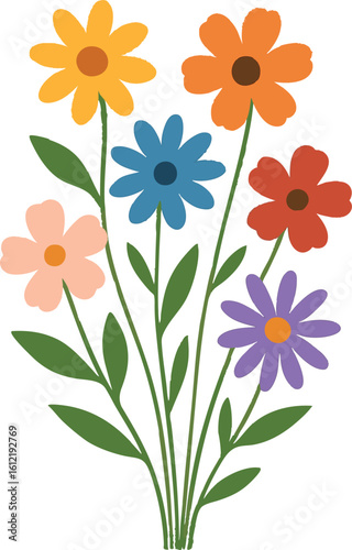 Flat vector wildflower mix with different colored petals in bunch, stylized collection, vector-friendly, isolated on white