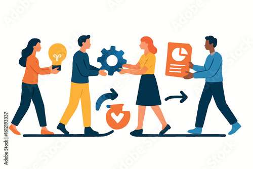 Flat vector workflow with people passing icons along a path, seamless process, isolated on white