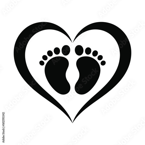A symbolic black silhouette of baby footprints inside a love heart. Vector icon for newborn, pregnancy, and parenthood concepts.