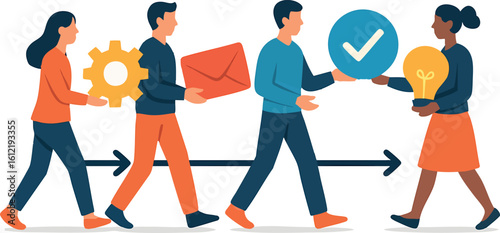 Flat vector workflow with people passing icons along a path, seamless process, isolated on white