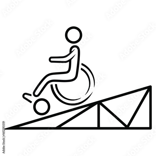 Black and white icon of person in wheelchair on ramp
