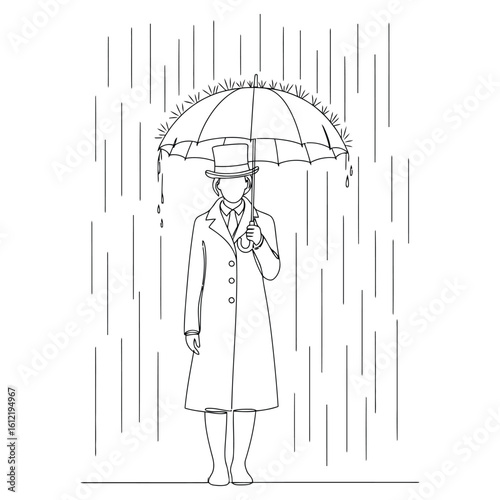 Man in Top Hat and Coat holding Umbrella in Rain person