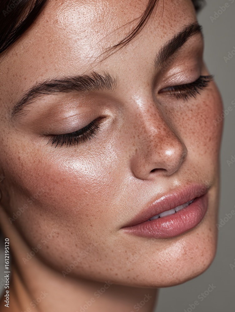 Fototapeta premium Close-up beauty portrait showcasing natural glowing skin, minimal makeup look with emphasis on luminous complexion, perfectly groomed eyebrows and soft neutral lips against grey backdrop.