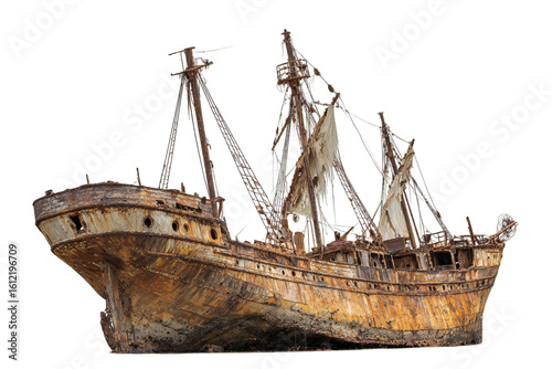 Photo of a weathered and rusty old sailing ship, a classic shipwreck with tattered sails and broken masts, isolated on a transparent background