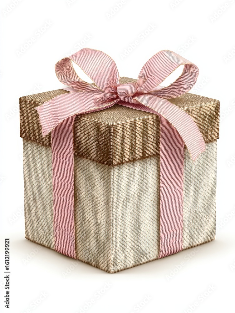 Obraz premium Square gift box, light beige and brown, tied with a pink ribbon