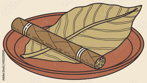Premium hand rolled cuban cigar on tobacco leaf illustration for smoking enthusiasts and cigar aficionados