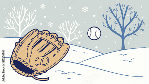 Winter baseball scene with glove, ball, and snow covered landscape for sports and seasonal designs use now