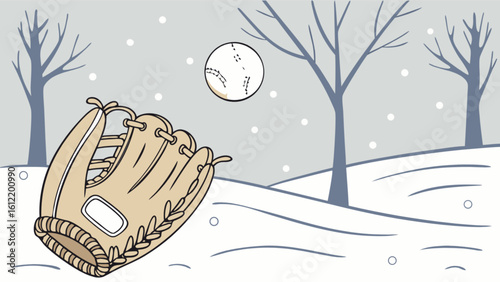 Winter baseball game with glove and ball in snowy landscape vector illustration graphic design element