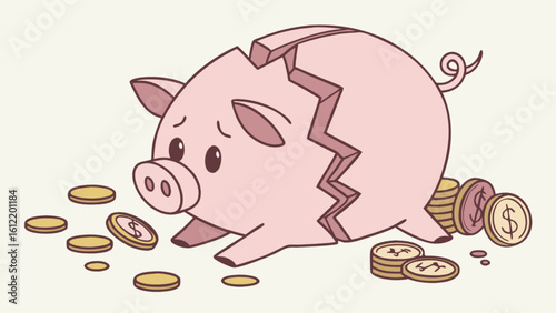 Broken piggy bank with coins financial crisis concept savings loss investment risk and money management illustration