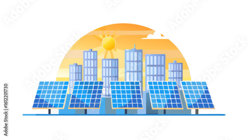 Solar energy panels in urban city landscape illustration for renewable power and sustainable technology use