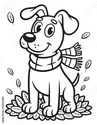 Cute Autumn Dog Coloring Page – Adorable Cartoon Puppy in Cozy Scarf Playing with Falling Leaves for Kids Thanksgiving Fun
