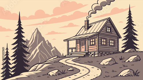 Illustration of mountain cabin retreat with chimney smoke and pine trees scenic landscape artwork
