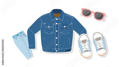 Stylish casual outfit with denim jacket jeans sneakers and sunglasses fashion apparel clothing accessories