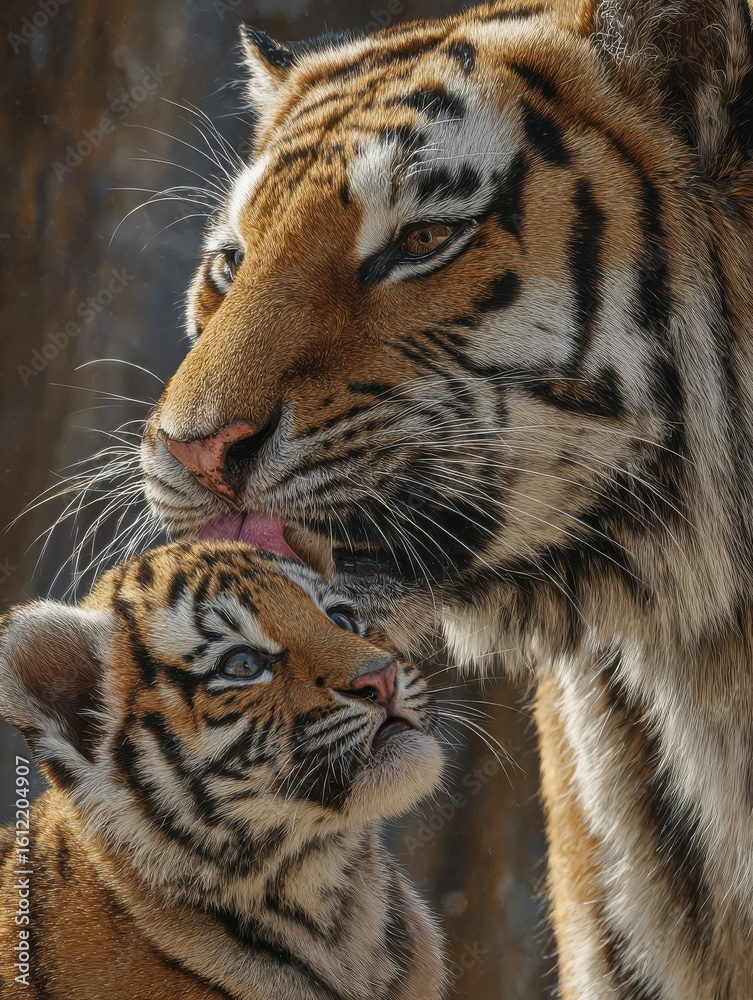 Obraz premium A mother tiger is licking her baby