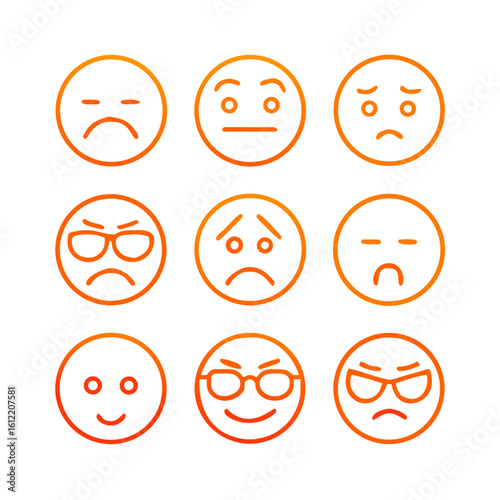 Nine Orange Outline Emoji Faces Showing Different Emotions on Transparent Background emoticon expression