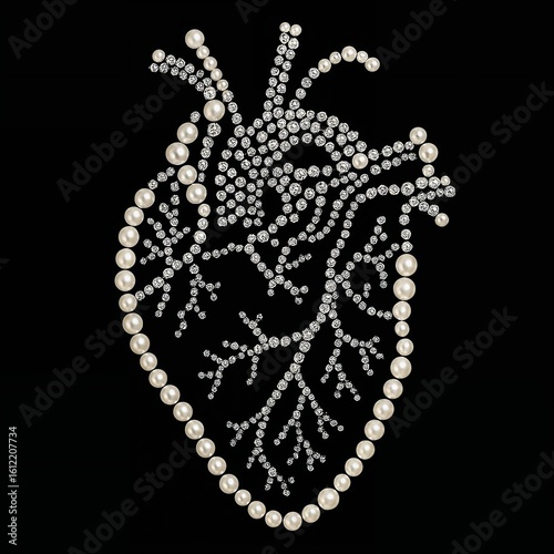 Anatomical heart made of pearls and rhinestones on a black background. A luxurious and fragile symbol of life and elegance.