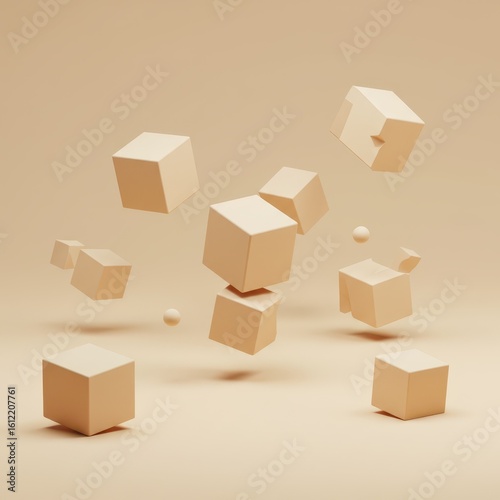 Floating wooden cubes in a minimalist setting