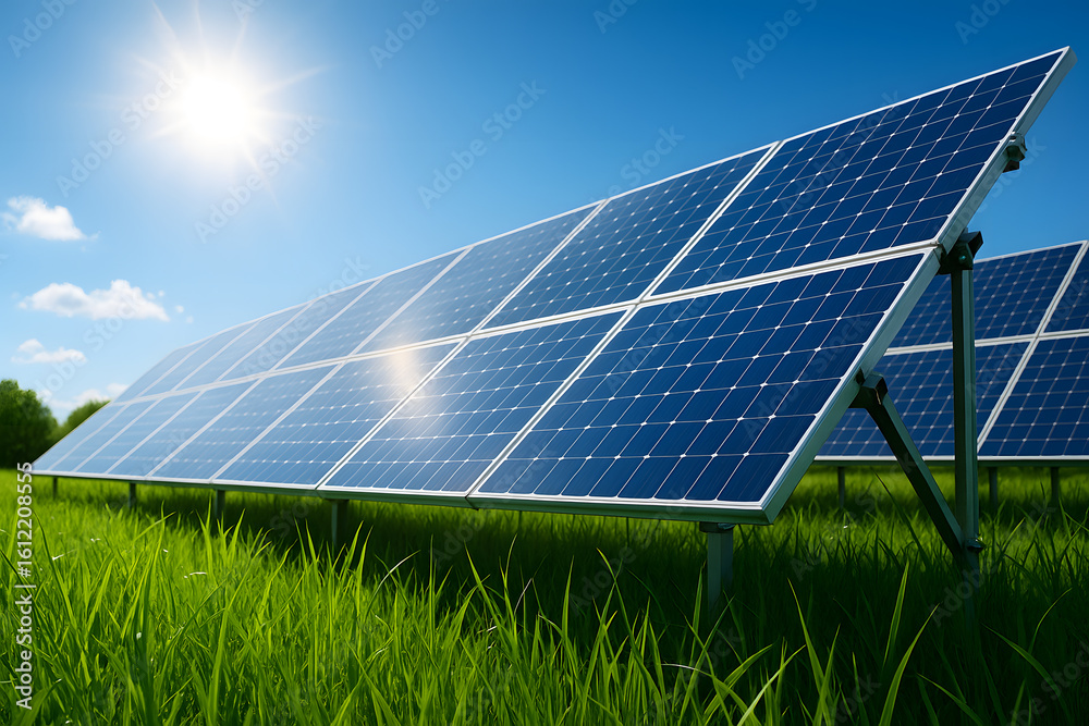 Solar panels in field generating clean energy renewable power system Solar panels in field generating clean energy renewable power system