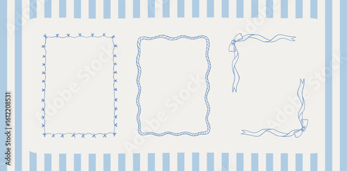 Set of Mediterranean summer whimsical frames. Coquette coastal hand drawn vector borders collection. Nautical decorative retro borders with waves, rope, terazzo shapes. Perfect for summer sea vacation