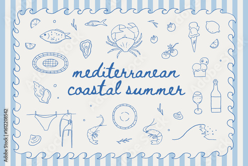 Mediterranean coastal summer whimsical line art illustrations. Hand drawn seafood, wine, sailboat, swimsuit, coffee, ice cream, and marine elements. Relaxed Italian vacation vibe vector collection