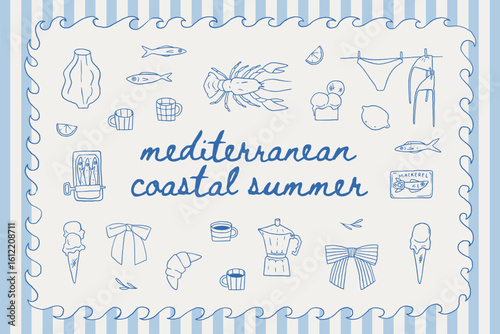 Mediterranean coastal summer whimsical line art illustrations. Hand drawn seafood, wine, sailboat, swimsuit, coffee, ice cream, and marine elements. Relaxed Italian vacation vibe vector collection