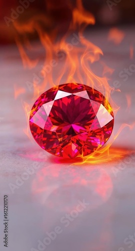 A dazzling Ignis Ruby gemstone, exuding a brilliant mix of crimson and orange hues, rests on a pristine white surface