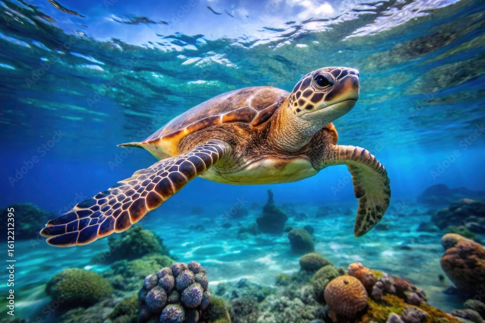 Obraz premium A majestic sea turtle glides gracefully through clear blue ocean water
