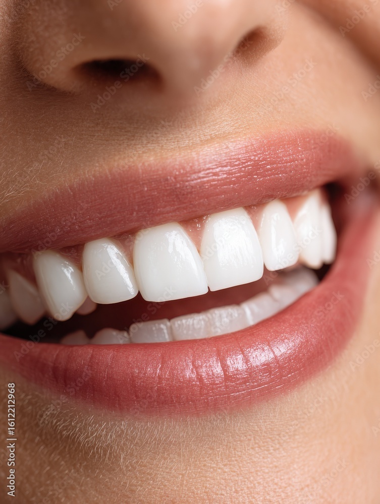 Obraz premium Perfect white teeth veneer smile close up, female winner smile, dental care and stomatology, dentistry. Smiling woman mouth with great white teeth