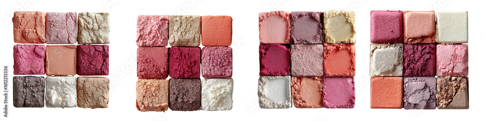 Fototapeta premium A vibrant collection of eyeshadow palettes showcasing a variety of shimmering and glittery shades isolated on transparent background