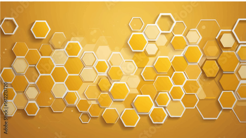 Honeycomb with bees and golden honey in a natural hexagon pattern