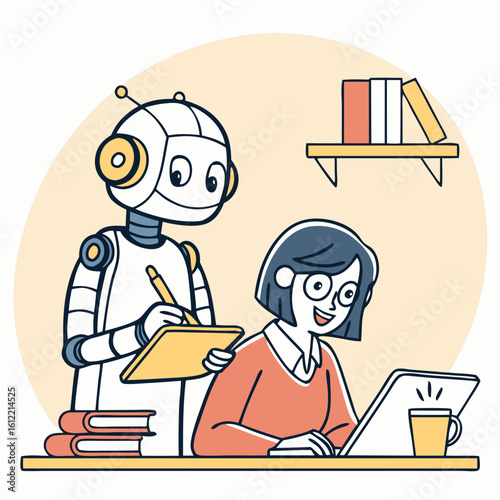 Cute AI robot assisting user at desk – friendly artificial intelligence and collaborative support concept