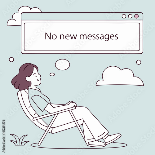 Cloud Interface Showing ‘No New Messages’ While Woman Waits Outdoors Under Blue Sky