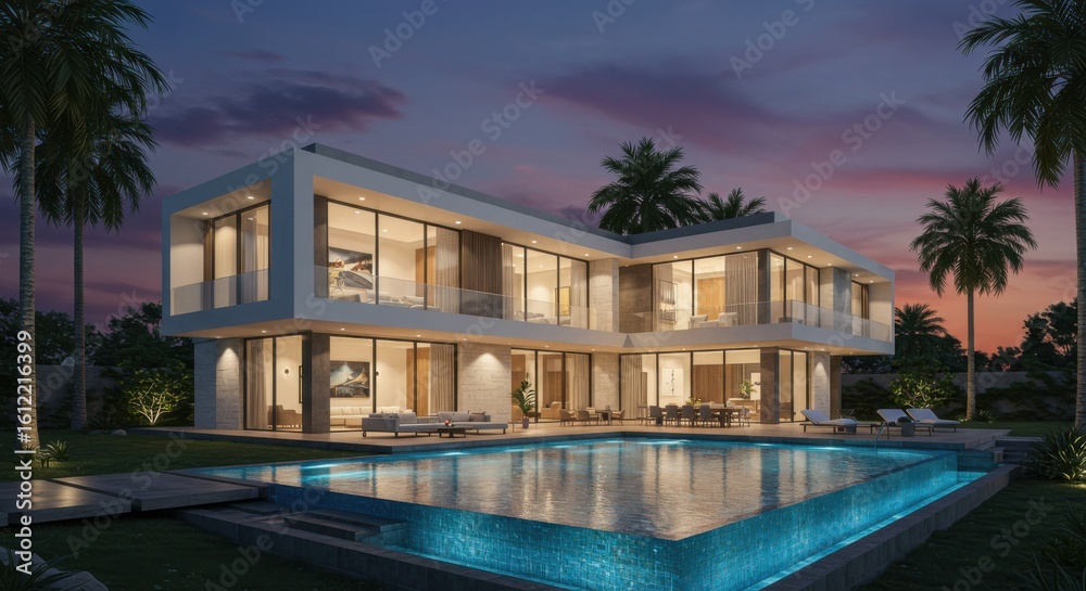 Fototapeta premium Modern luxury villa with infinity pool at dusk