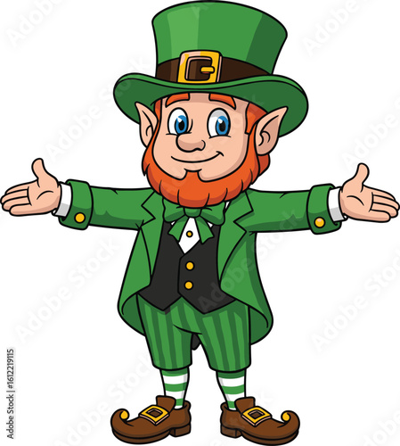 Cartoon leprechaun with smiling face and open arms, Irish folklore character, Saint Patrick’s Day cad illustration, festive vector artwork