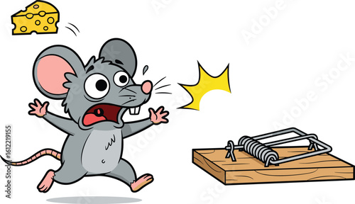 Cartoon mouse trap escape, frightened character illustration, cheese bait humor, cad drawing, flat vector style, running rodent scene