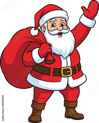 Cartoon Santa Claus with red sack, traditional Christmas outfit and wave gesture, cad drawing, holiday vector illustration, festive character